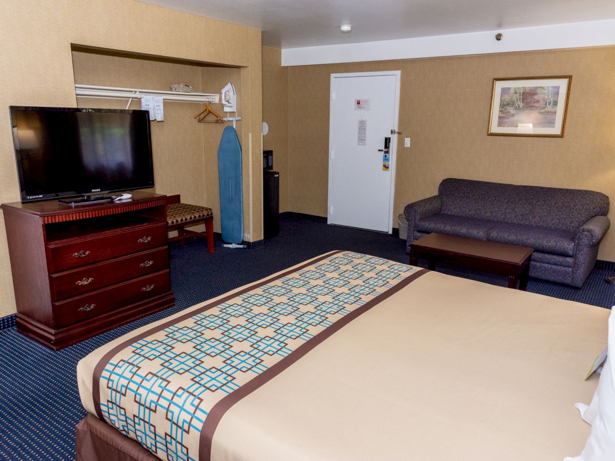 The image depicts a hotel room with a large bed, flat-screen TV, dresser, sofa, ironing board, and lamp. The overall decor is simple and functional.