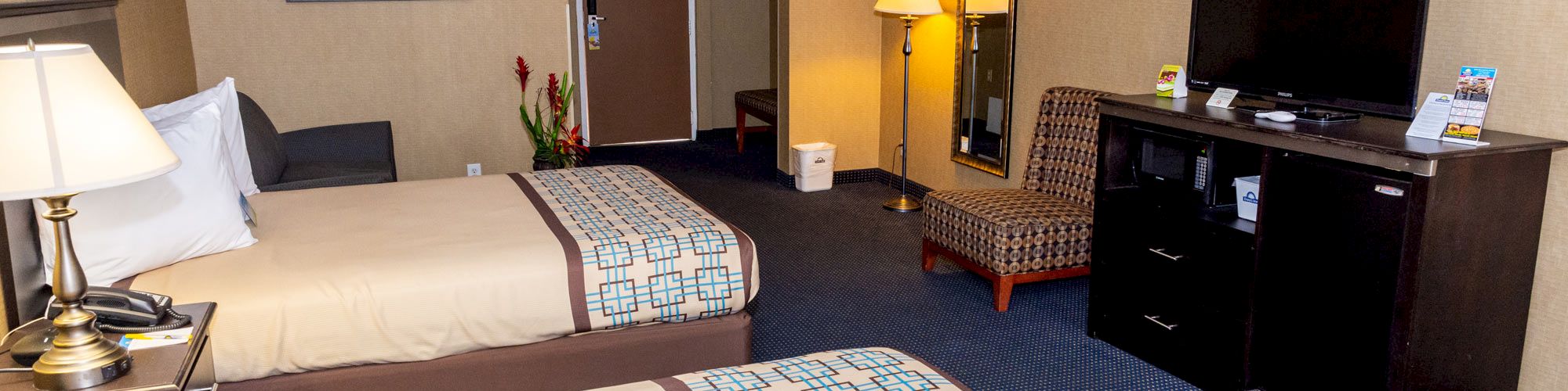 Two double beds in a hotel room, TV on stand, chair, lamp, and wall art above the beds. Room has blue carpet and beige walls.