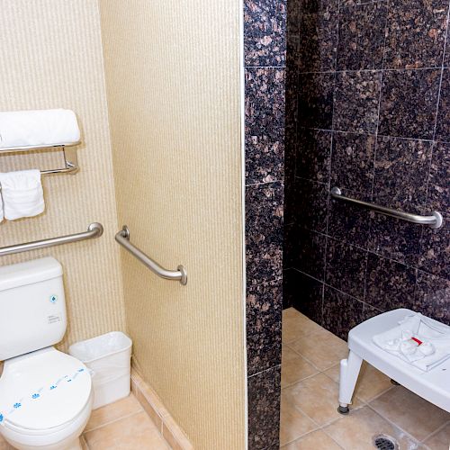 The image shows a bathroom with a toilet, towel rack, grab bars, and a shower area with a chair and tiled wall.