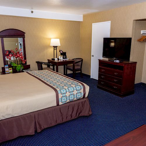 The image shows a hotel room with a neatly made bed, TV, desk, chair, mirror, lamps, and an open closet with hangers.