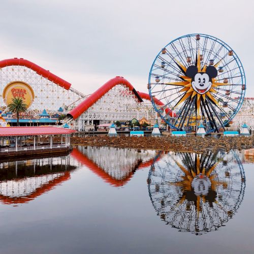 The image shows a theme park with a large Ferris wheel featuring a famous cartoon character and a red roller coaster reflected in the water.